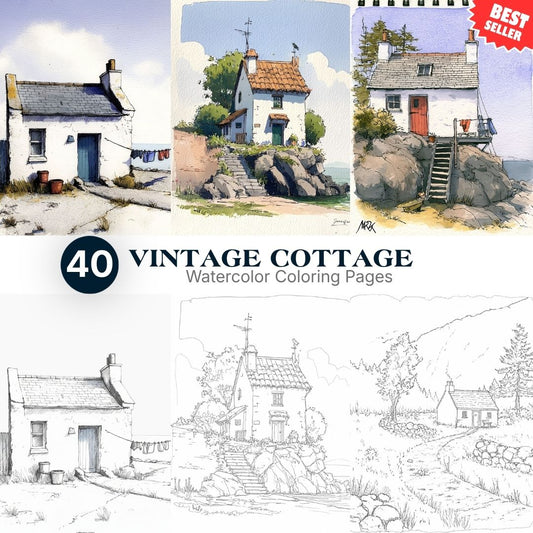 40 Vintage Cottage Watercolor Coloring Pages