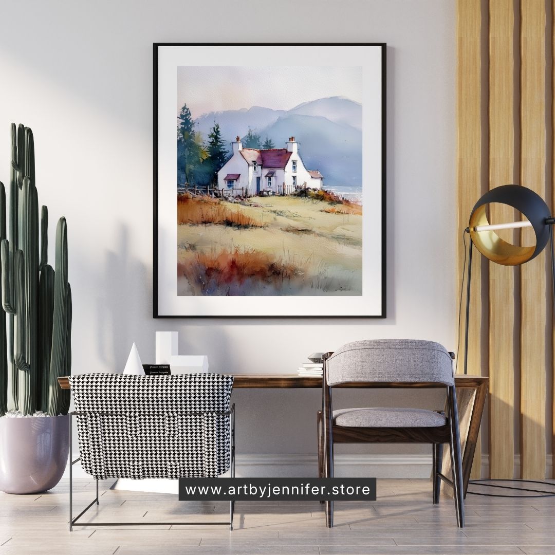 Maison de campagne « Brise d'automne » : Paysage aquarelle à imprimer