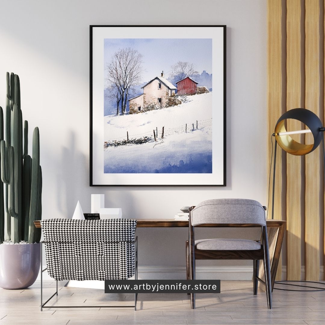 Charme rustique d'un chalet d'hiver : Paysage d'hiver à imprimer