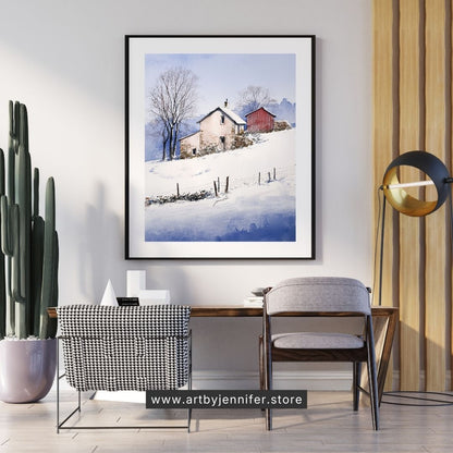 Charme rustique d'un chalet d'hiver : Paysage d'hiver à imprimer