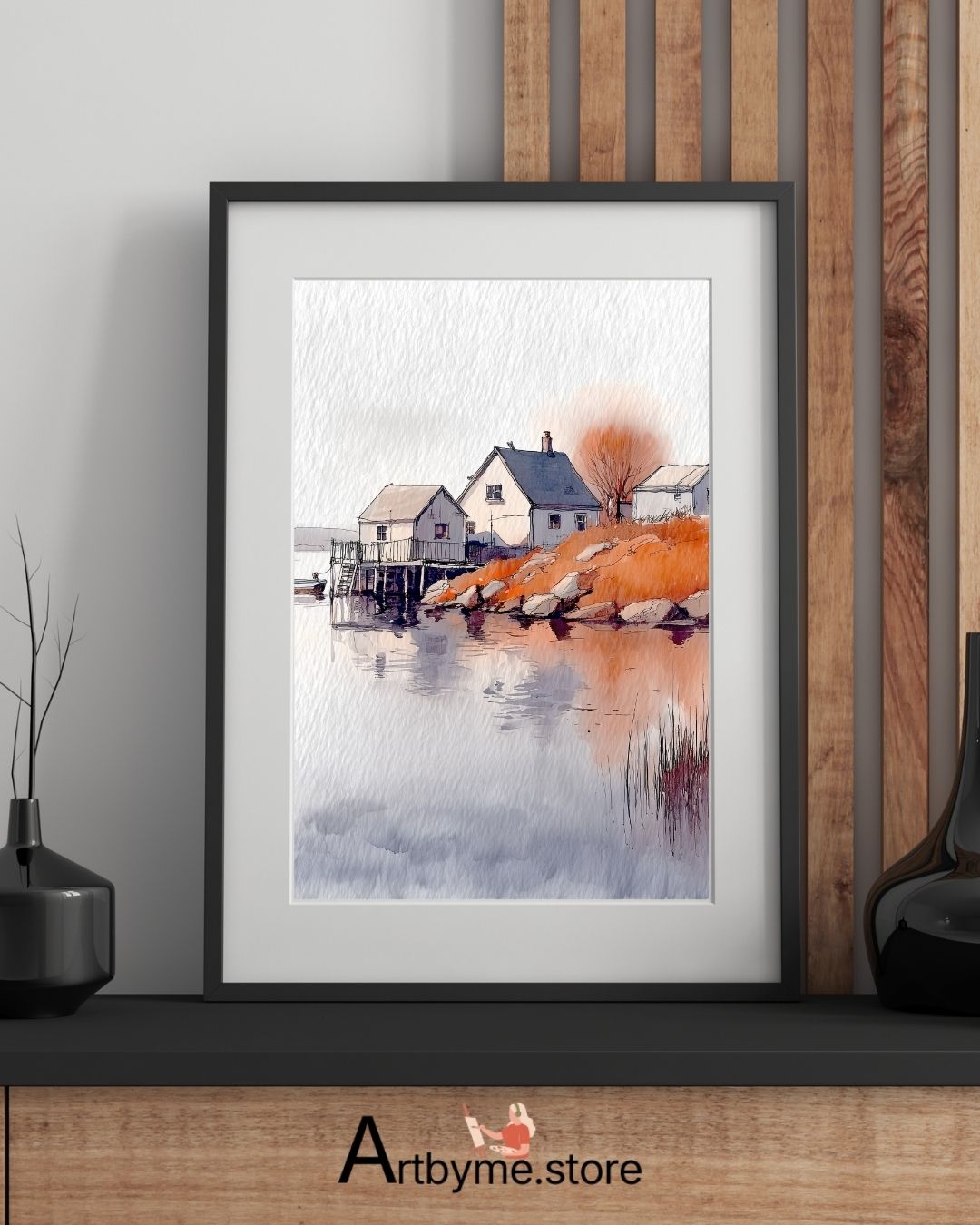 Aquarelle minimaliste d'un village au bord d'un lac – Paysage à imprimer