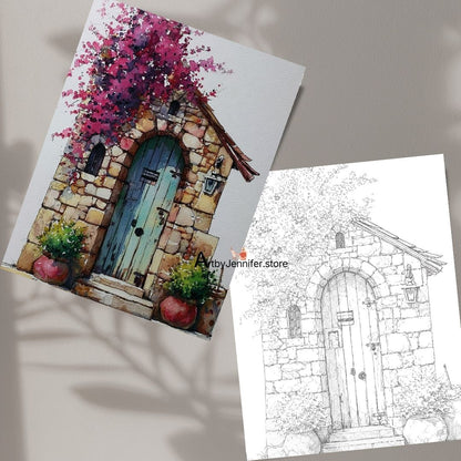 21 Vintage Doors & Windows Watercolor-Style Coloring Page