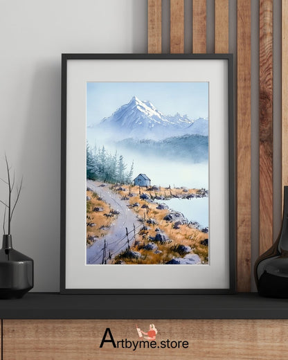 Cabane isolée sous des sommets enneigés – Illustration imprimable de montagne hivernale