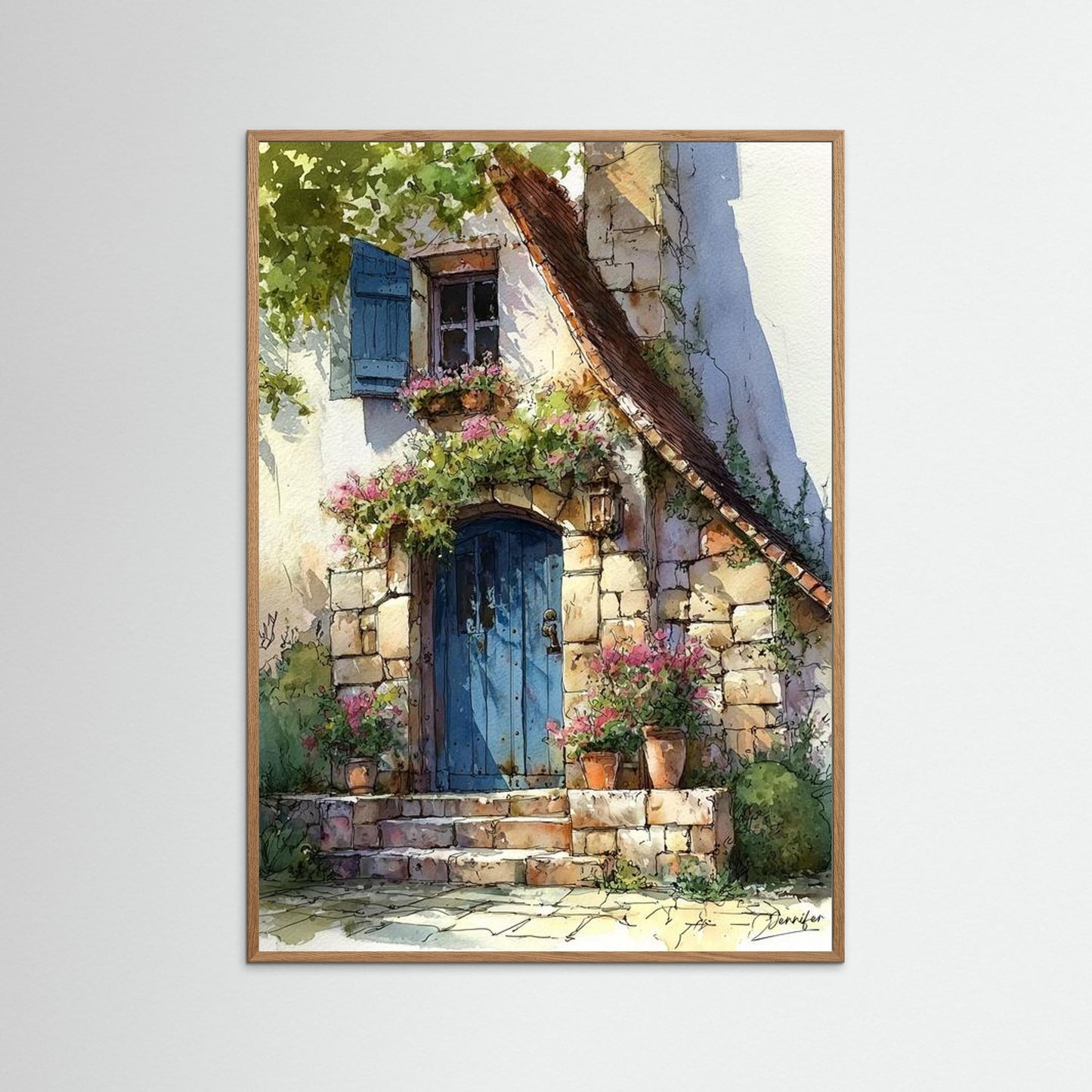 Sun-Drenched Stone Cottage – Fine Art Watercolor Print