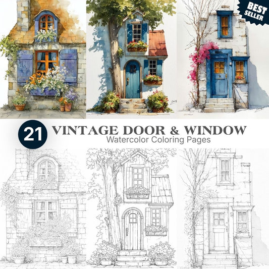 21 Vintage Doors & Windows Watercolor-Style Coloring Page