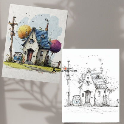 21 pages de coloriage aquarelle de maisons fantaisistes