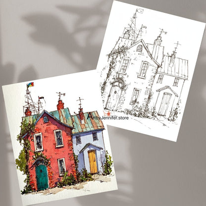 21 pages de coloriage aquarelle de maisons fantaisistes