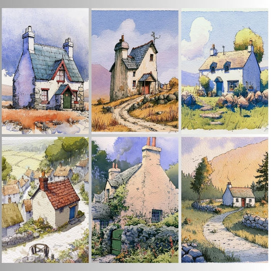Paisaje Rústico: Juego de 6 Láminas Vintage Acuarela Casas de Campo