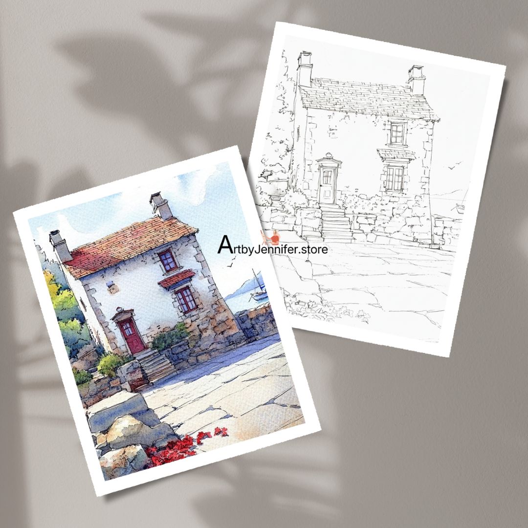 26 páginas para colorear de acuarela de cabañas antiguas