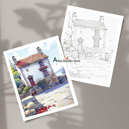 26 páginas para colorear de acuarela de cabañas antiguas