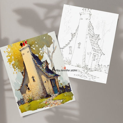 21 pages de coloriage aquarelle de maisons fantaisistes