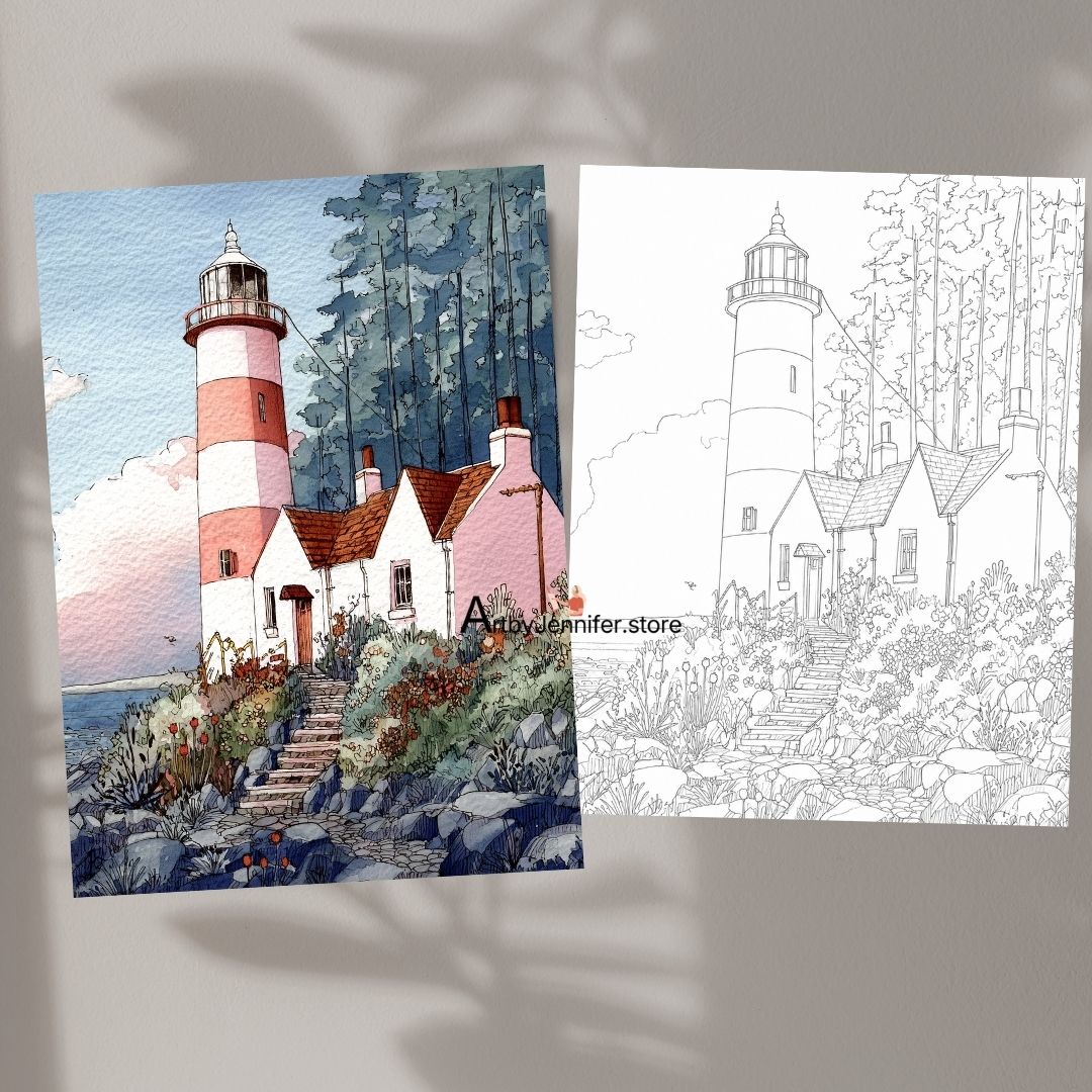 15 páginas simples para colorear de faros en acuarela