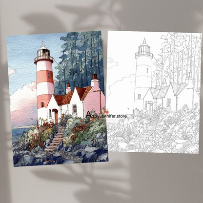 15 páginas simples para colorear de faros en acuarela