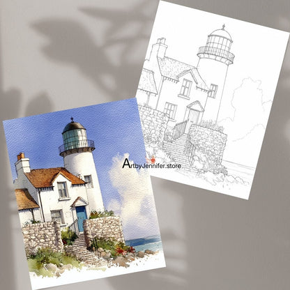 15 páginas simples para colorear de faros en acuarela