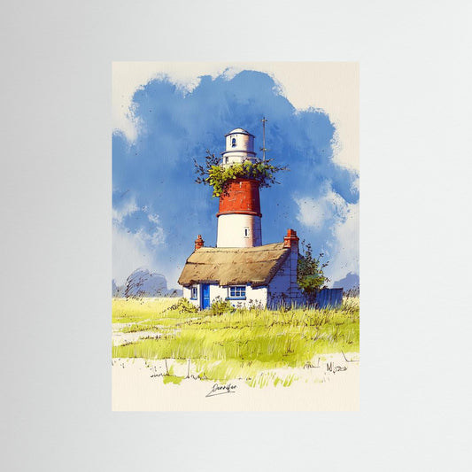 Coastal Lighthouse Cottage – Fine Art Watercolor Print